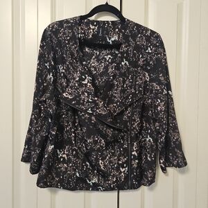 J. JESS Womens Diagonal Zipper Up Black & Pink Splatter Blouse Top SZ 16